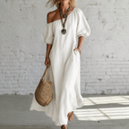 Women's Linen-Style Maxi Dress with Off-Shoulder Neckline, White, view 3