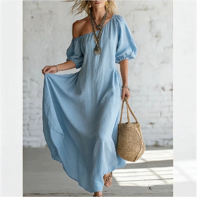Women's Linen-Style Maxi Dress with Off-Shoulder Neckline, Blue, view 4