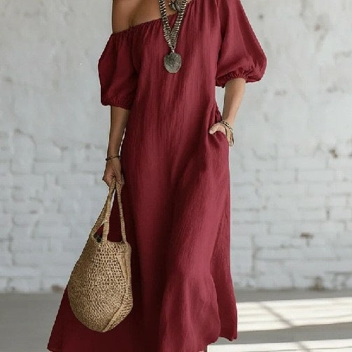 Women's Linen-Style Maxi Dress with Off-Shoulder Neckline, Burgundy, view 5