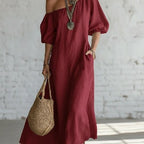 Women's Linen-Style Maxi Dress with Off-Shoulder Neckline, Burgundy, view 5