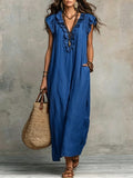 Women's Linen-Style Maxi Dress with Ruffle V-Neck and Pockets, Blue, view 1