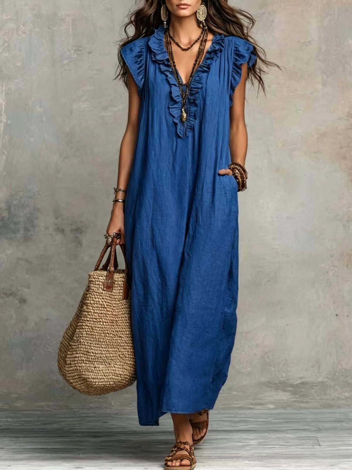 Women's Linen-Style Maxi Dress with Ruffle V-Neck and Pockets, Blue, view 1