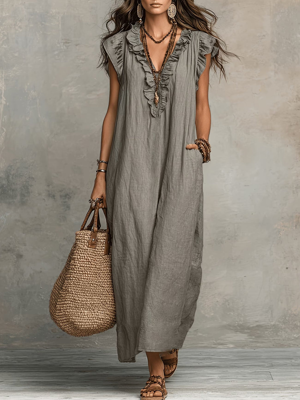 Women's Linen-Style Maxi Dress with Ruffle V-Neck and Pockets, Grey, view 2