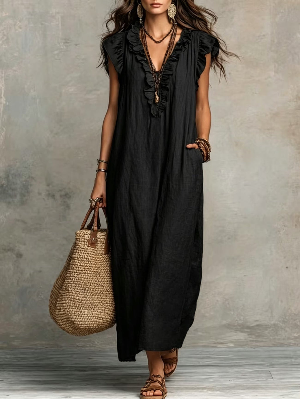 Women's Linen-Style Maxi Dress with Ruffle V-Neck and Pockets, Black, view 3
