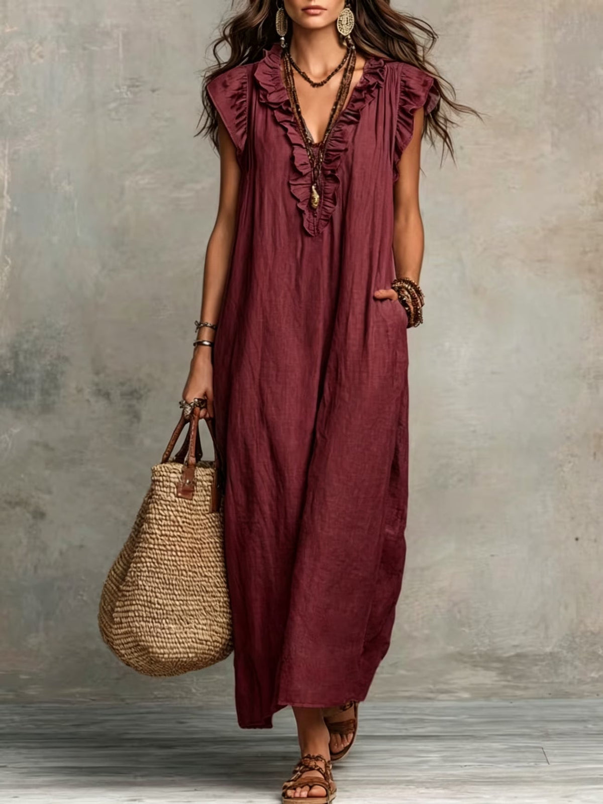 Women's Linen-Style Maxi Dress with Ruffle V-Neck and Pockets, Burgundy, view 4