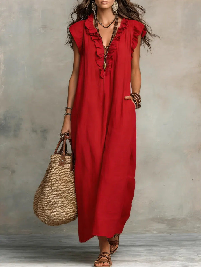 Women's Linen-Style Maxi Dress with Ruffle V-Neck and Pockets, Red, view 5