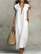 Women's Linen-Style Maxi Dress with Ruffle V-Neck and Pockets, White, view 6