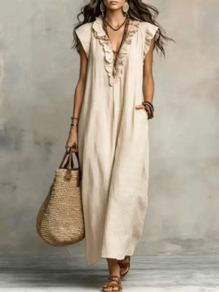 Women's Linen-Style Maxi Dress with Ruffle V-Neck and Pockets, Beige, view 7