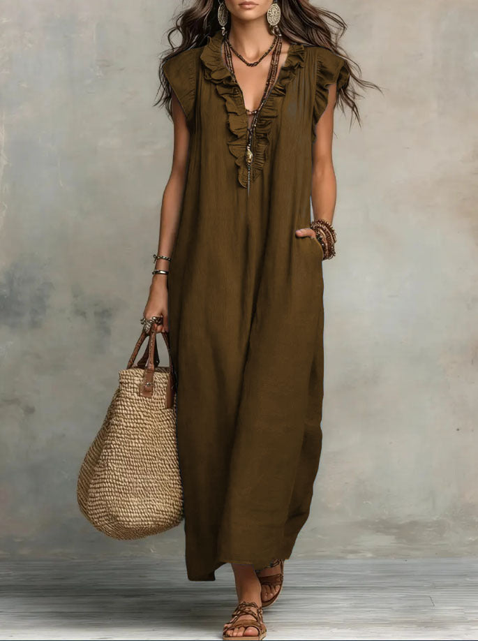 Women's Linen-Style Maxi Dress with Ruffle V-Neck and Pockets, Brown, view 8