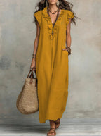 Women's Linen-Style Maxi Dress with Ruffle V-Neck and Pockets, Yellow, view 9
