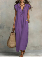 Women's Linen-Style Maxi Dress with Ruffle V-Neck and Pockets, Purple, view 10