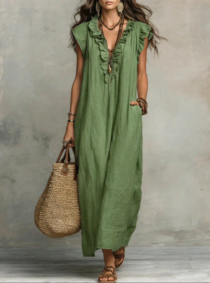 Women's Linen-Style Maxi Dress with Ruffle V-Neck and Pockets, Light Green, view 11