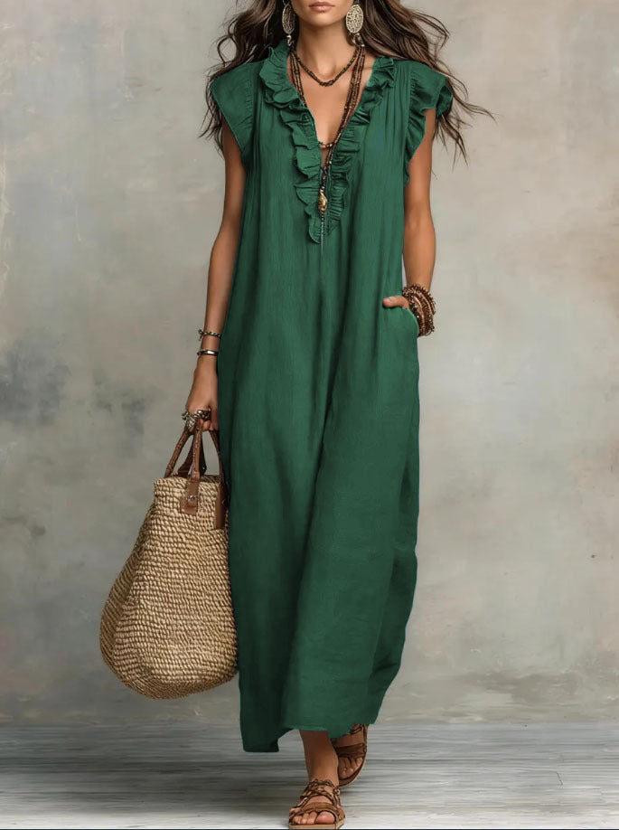 Women's Linen-Style Maxi Dress with Ruffle V-Neck and Pockets, Green, view 12