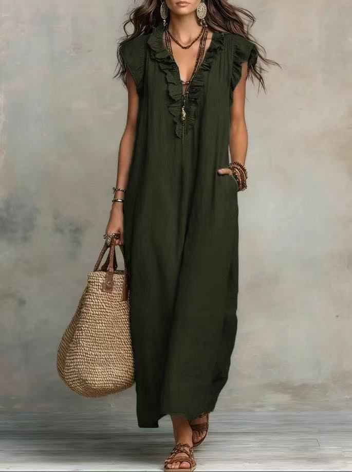 Women's Linen-Style Maxi Dress with Ruffle V-Neck and Pockets, Army Green, view 13