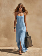 Women's Linen-Style Maxi Dress with Scoop Neck and Side Split, Light Blue, view 1