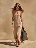 Women's Linen-Style Maxi Dress with Scoop Neck and Side Split, Khaki, view 2