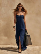 Women's Linen-Style Maxi Dress with Scoop Neck and Side Split, Navy Blue, view 5