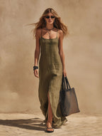 Women's Linen-Style Maxi Dress with Scoop Neck and Side Split, Army Green, view 7
