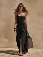 Women's Linen-Style Maxi Dress with Scoop Neck and Side Split, Black, view 8