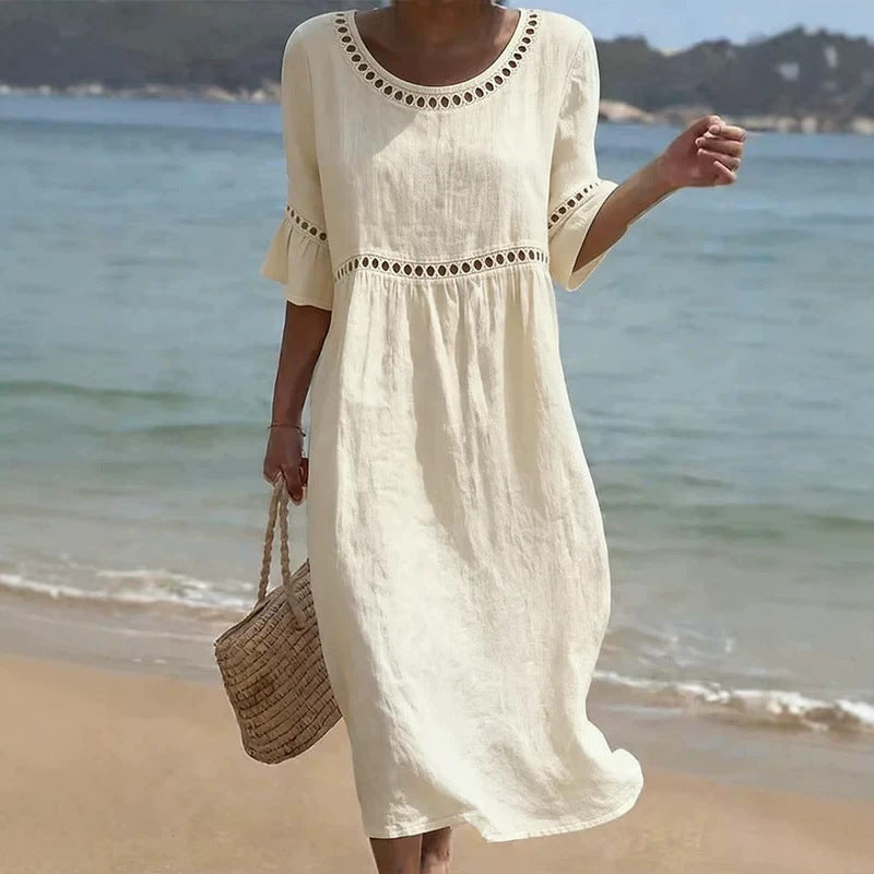 Women's Linen-Style Midi Dress with Flared Sleeves, White, view 1