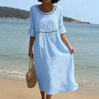 Women's Linen-Style Midi Dress with Flared Sleeves, Blue, view 2