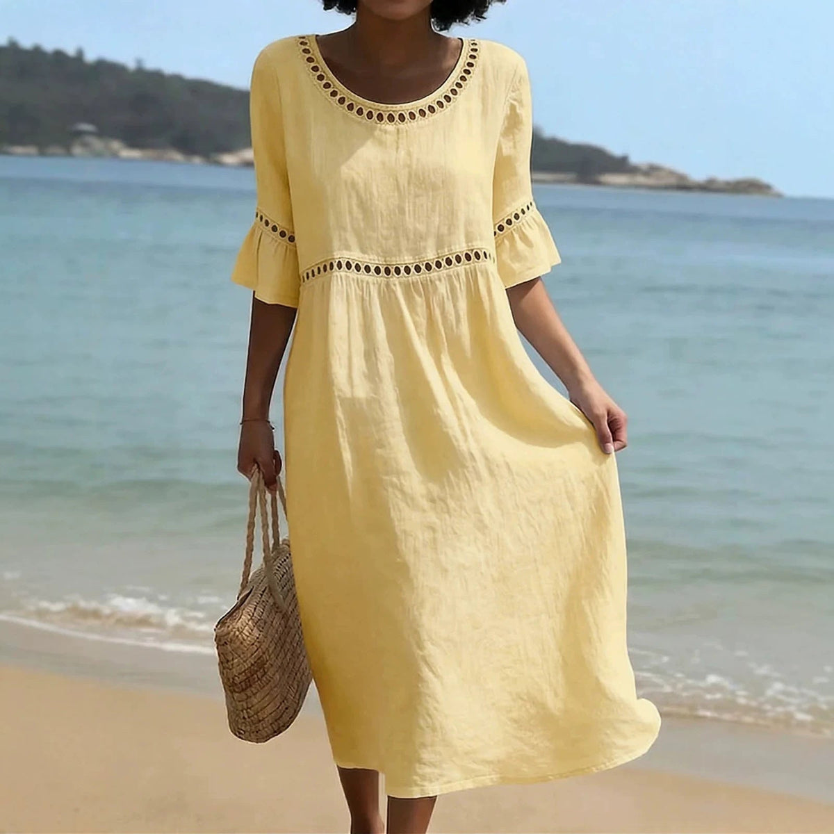 Women's Linen-Style Midi Dress with Flared Sleeves, Yellow, view 3