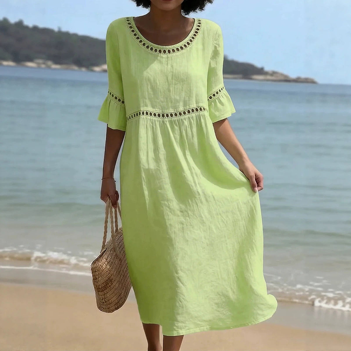 Women's Linen-Style Midi Dress with Flared Sleeves, Green, view 4