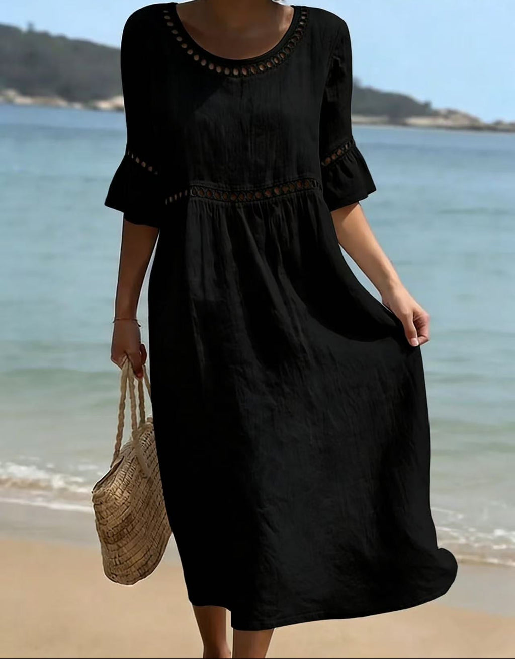 Women's Linen-Style Midi Dress with Flared Sleeves, Black, view 5