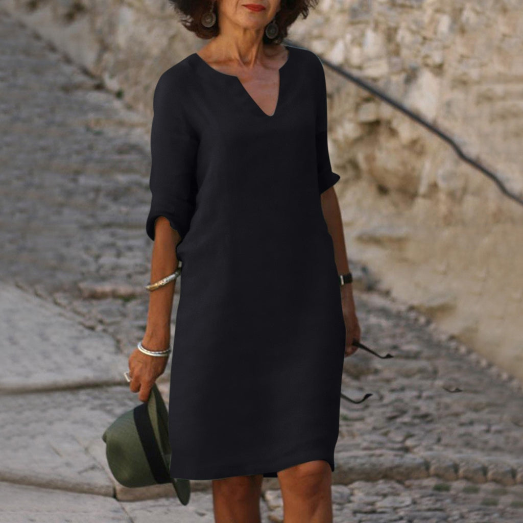Women's Linen-Style Midi Dress with V-Neck and Three-Quarter Sleeves, Black, view 2
