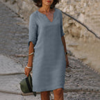 Women's Linen-Style Midi Dress with V-Neck and Three-Quarter Sleeves, Grey, view 3