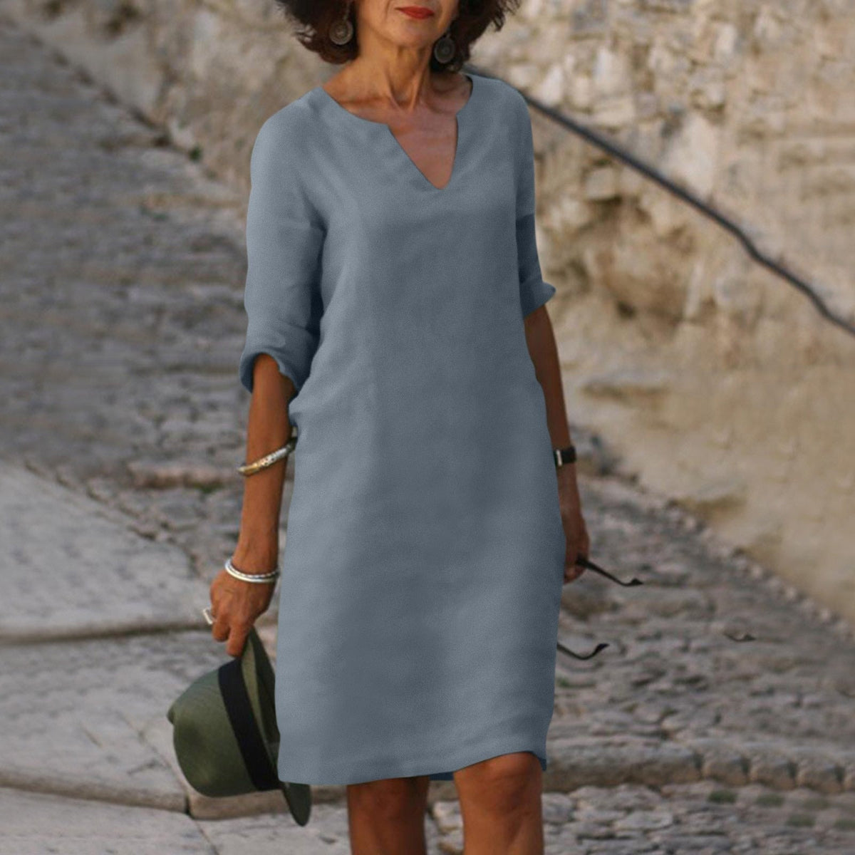 Women's Linen-Style Midi Dress with V-Neck and Three-Quarter Sleeves, Grey, view 3