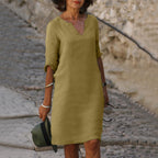 Women's Linen-Style Midi Dress with V-Neck and Three-Quarter Sleeves, Khaki, view 5