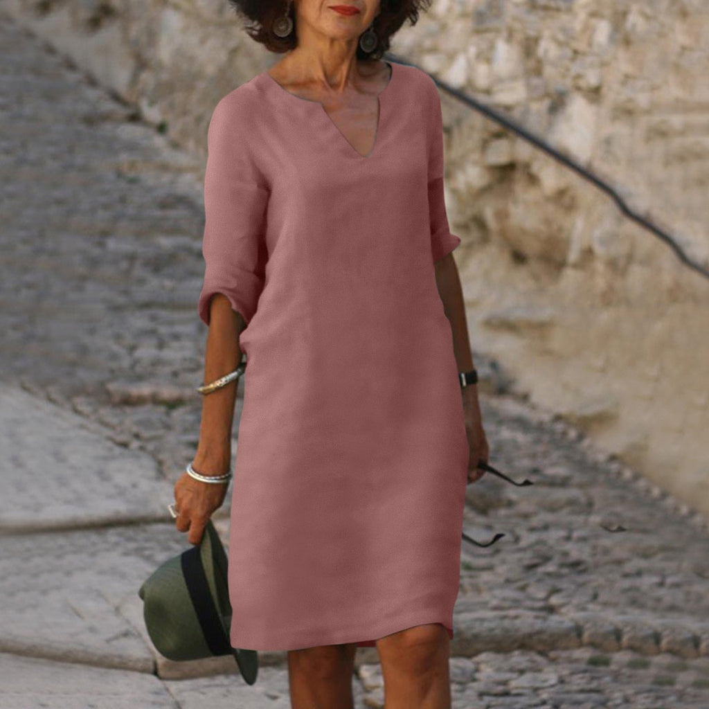 Women's Linen-Style Midi Dress with V-Neck and Three-Quarter Sleeves, Old Rose, view 7