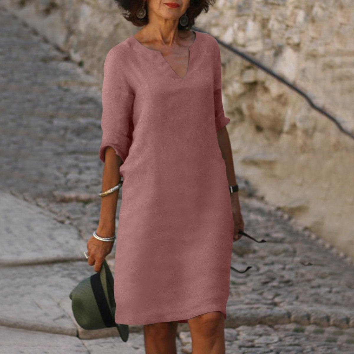Women's Linen-Style Midi Dress with V-Neck and Three-Quarter Sleeves, Old Rose, view 7