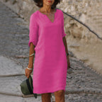 Women's Linen-Style Midi Dress with V-Neck and Three-Quarter Sleeves, Pink, view 8