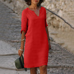 Women's Linen-Style Midi Dress with V-Neck and Three-Quarter Sleeves, Red, view 9