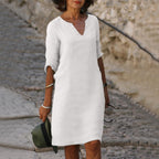 Women's Linen-Style Midi Dress with V-Neck and Three-Quarter Sleeves, White, view 10