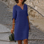 Women's Linen-Style Midi Dress with V-Neck and Three-Quarter Sleeves, Dark Blue, view 12