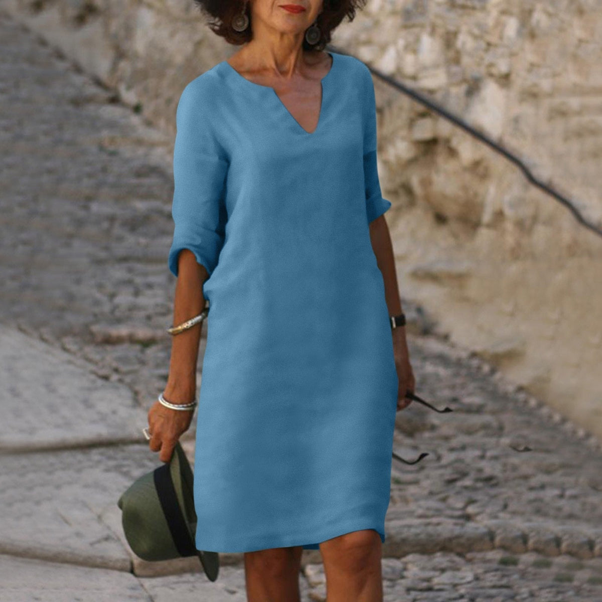 Women's Linen-Style Midi Dress with V-Neck and Three-Quarter Sleeves, Light Blue, view 13