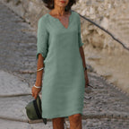 Women's Linen-Style Midi Dress with V-Neck and Three-Quarter Sleeves, Sage Green, view 14
