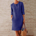 Women's Linen-Style Shift Dress with Pockets and Three-Quarter Sleeves, Dark Blue, view 1