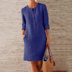 Women's Linen-Style Shift Dress with Pockets and Three-Quarter Sleeves, Dark Blue, view 1