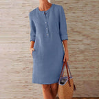 Women's Linen-Style Shift Dress with Pockets and Three-Quarter Sleeves, Blue, view 2