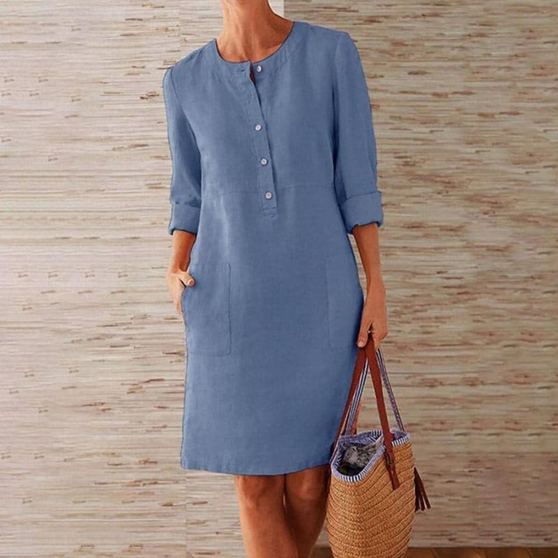 Women's Linen-Style Shift Dress with Pockets and Three-Quarter Sleeves, Blue, view 2