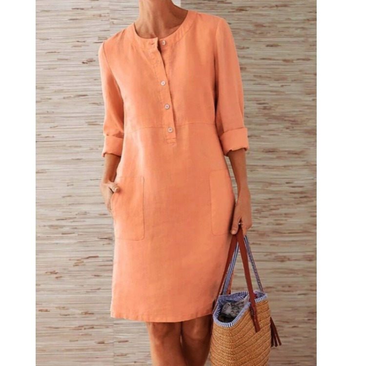 Women's Linen-Style Shift Dress with Pockets and Three-Quarter Sleeves, Orange, view 3