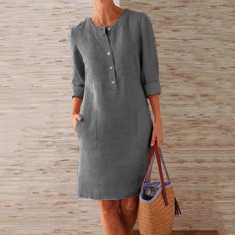 Women's Linen-Style Shift Dress with Pockets and Three-Quarter Sleeves, Grey, view 4