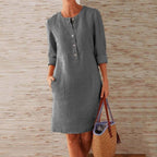 Women's Linen-Style Shift Dress with Pockets and Three-Quarter Sleeves, Grey, view 4