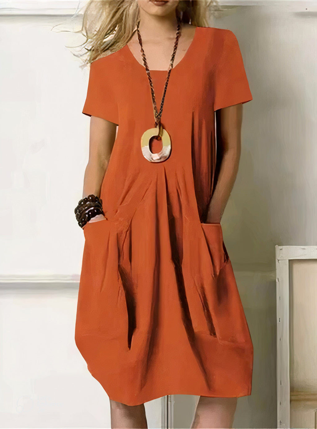 Women's Linen-Style V-Neck Midi Dress with Pockets, Orange, view 1