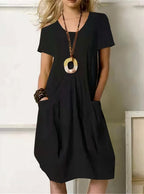 Women's Linen-Style V-Neck Midi Dress with Pockets, Black, view 2