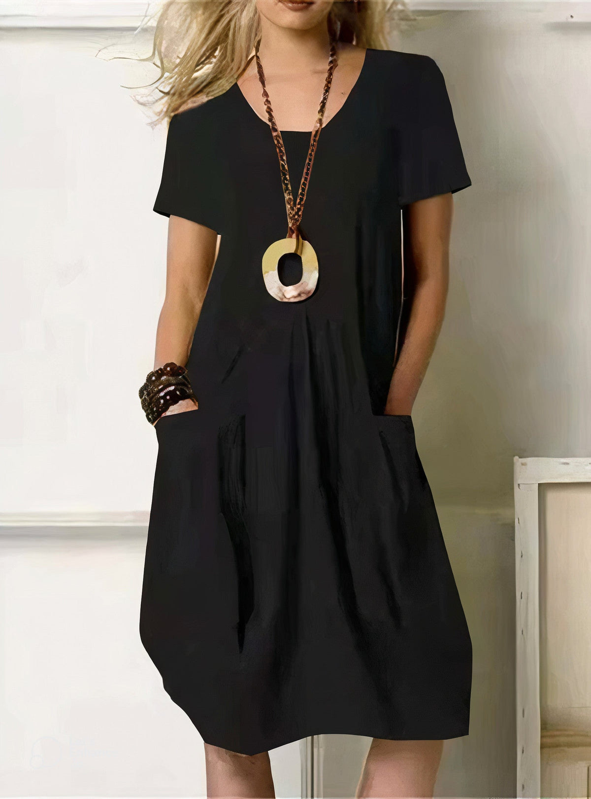 Women's Linen-Style V-Neck Midi Dress with Pockets, Black, view 2